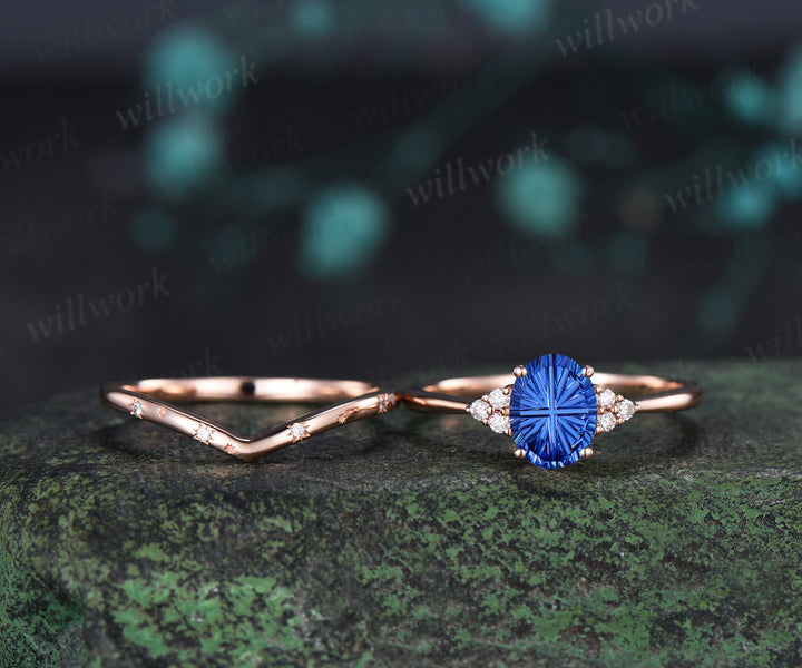 Oval Fantasy Cut Sapphire Engagement Ring Set Moissanite Cluster Promise Ring Star Wedding Band Unique Bridal Set