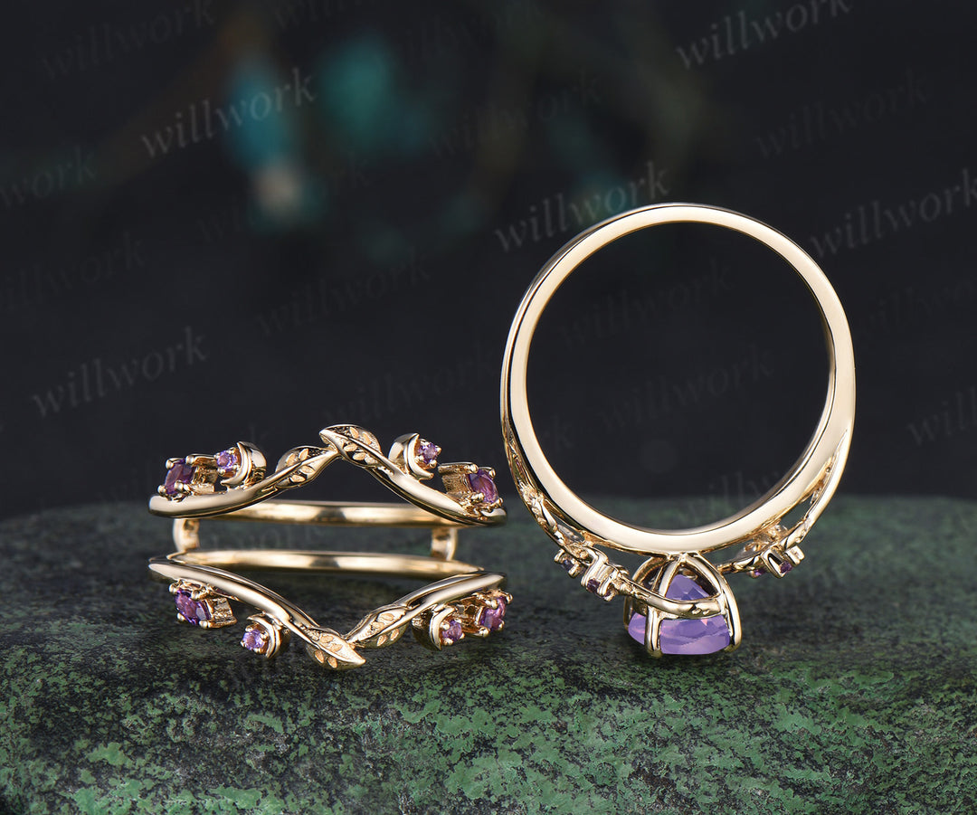 Oval lavender amethyst engagement ring set leaf twig amethysts ring marquise amethyst moon enhancer wraps unique bridal set