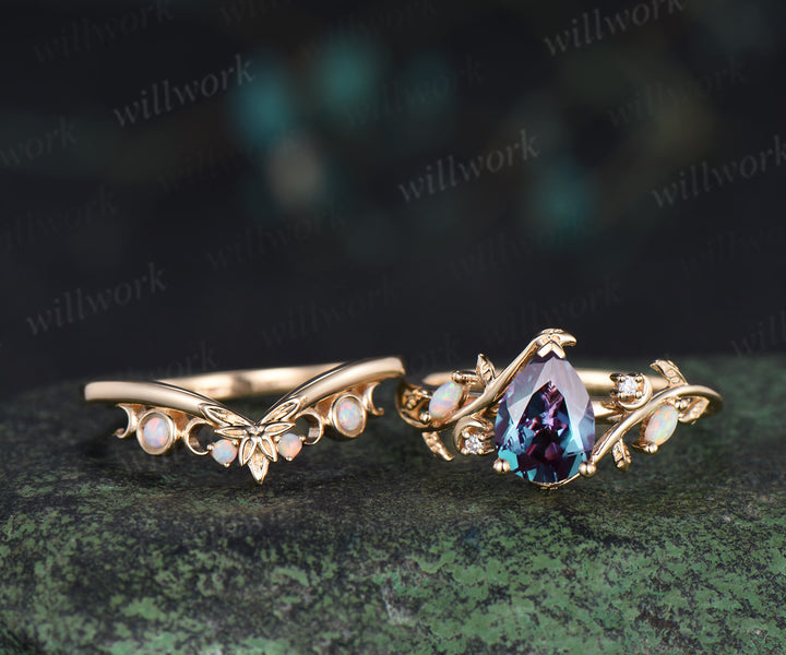 Pear cut alexandrite engagement ring set leaf twig moon opal moissanite ring celtic knot bezel opal wedding ring band enchanting bridal set