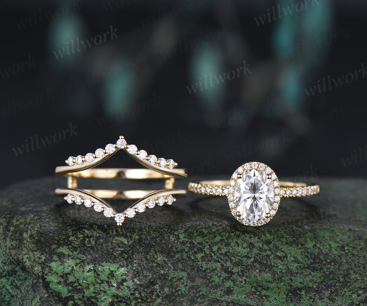 Vintage Oval Cut Moissanite Engagement Ring Diamond Halo Half Eternity Ring Curved Matching Stacking Enhancer Band Timeless Bridal Set