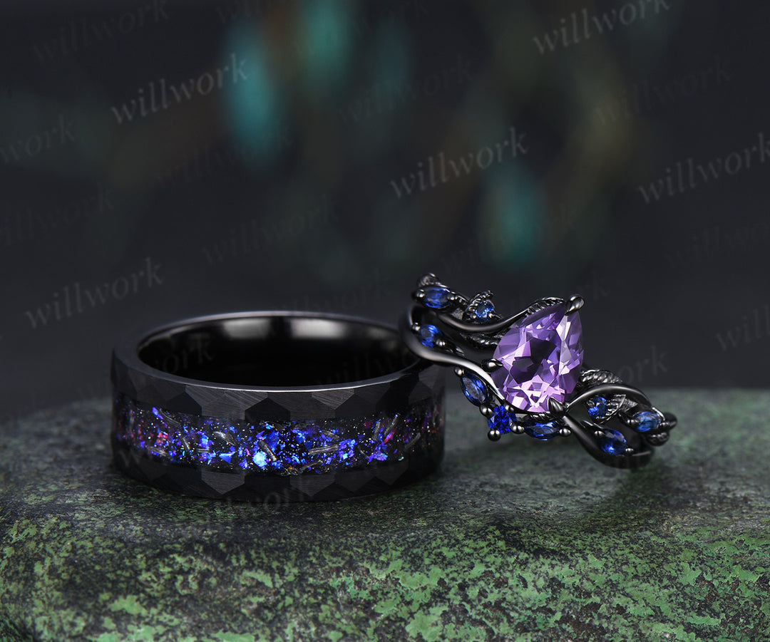 Leaf Pear Amethyst Accent Sapphires Bridal Ring Set & Tungsten Galaxy Nebula Mens Band Couple Ring Set