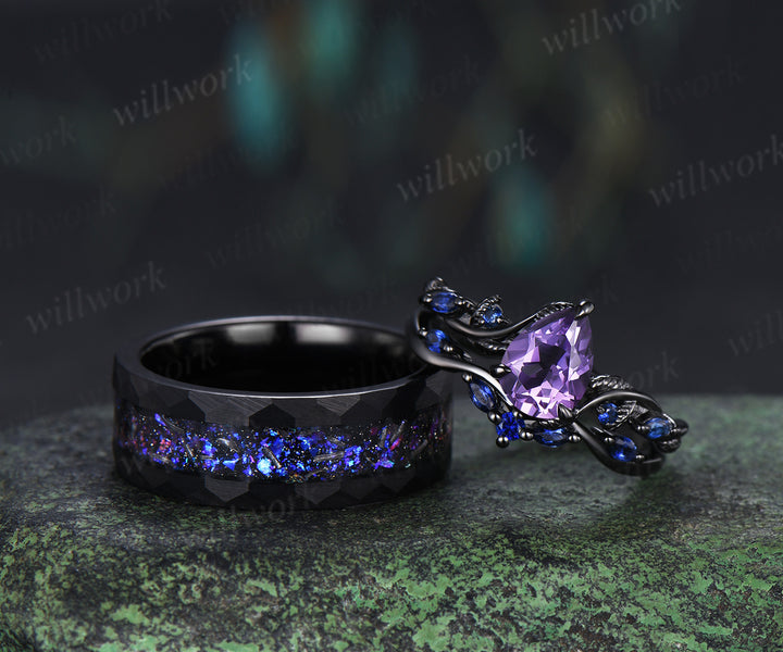 Leaf Pear Amethyst Accent Sapphires Bridal Ring Set & Tungsten Galaxy Nebula Mens Band Couple Ring Set