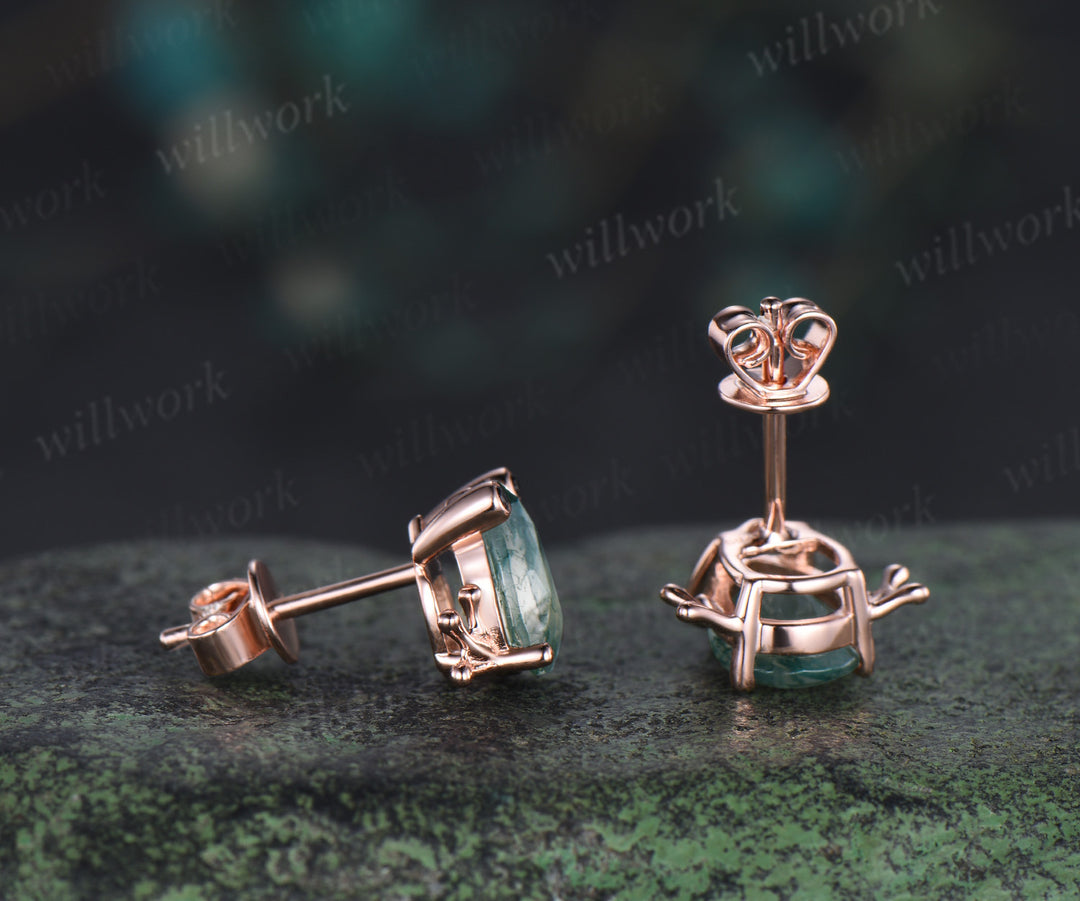 Frog stud earrings pear moss agate black spinels rose gold nature animal jewelry gift