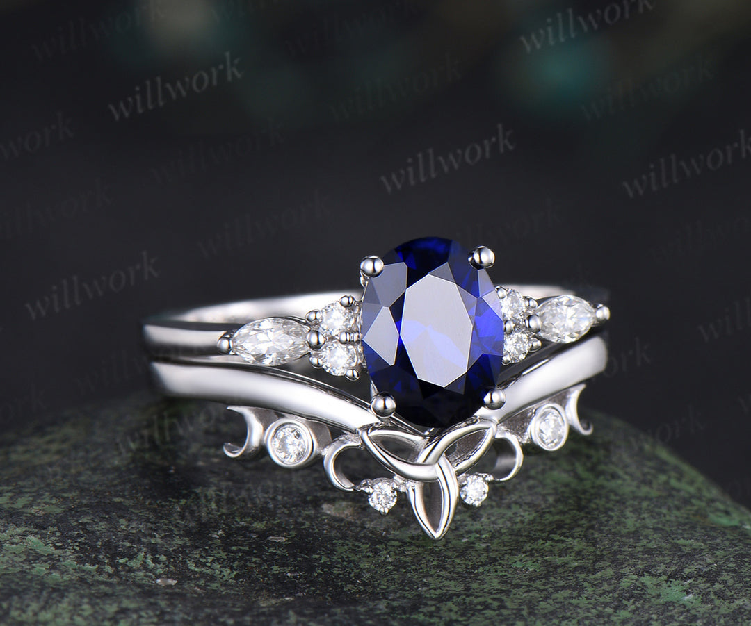 Oval cut blue sapphire engagement ring set seven stone moissanite ring vintage moon women Celtic knot wedding bridal set