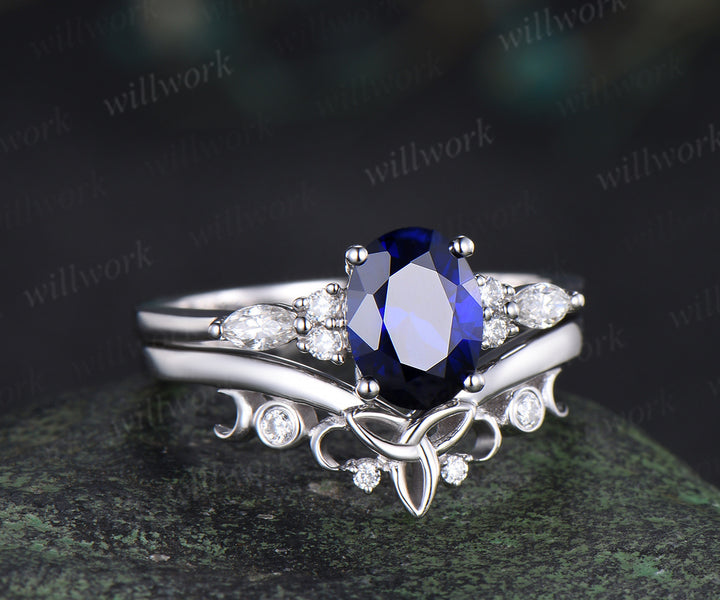 Oval cut blue sapphire engagement ring set seven stone moissanite ring vintage moon women Celtic knot wedding bridal set