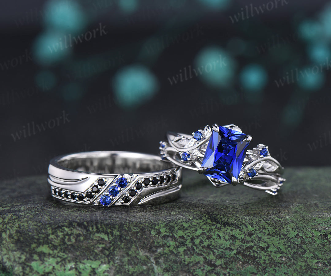 Radianit Cut Sapphire Twig Leaf Ring Set & Round Sapphire Black Spinel Men Wedding Ring Couple Ring Set
