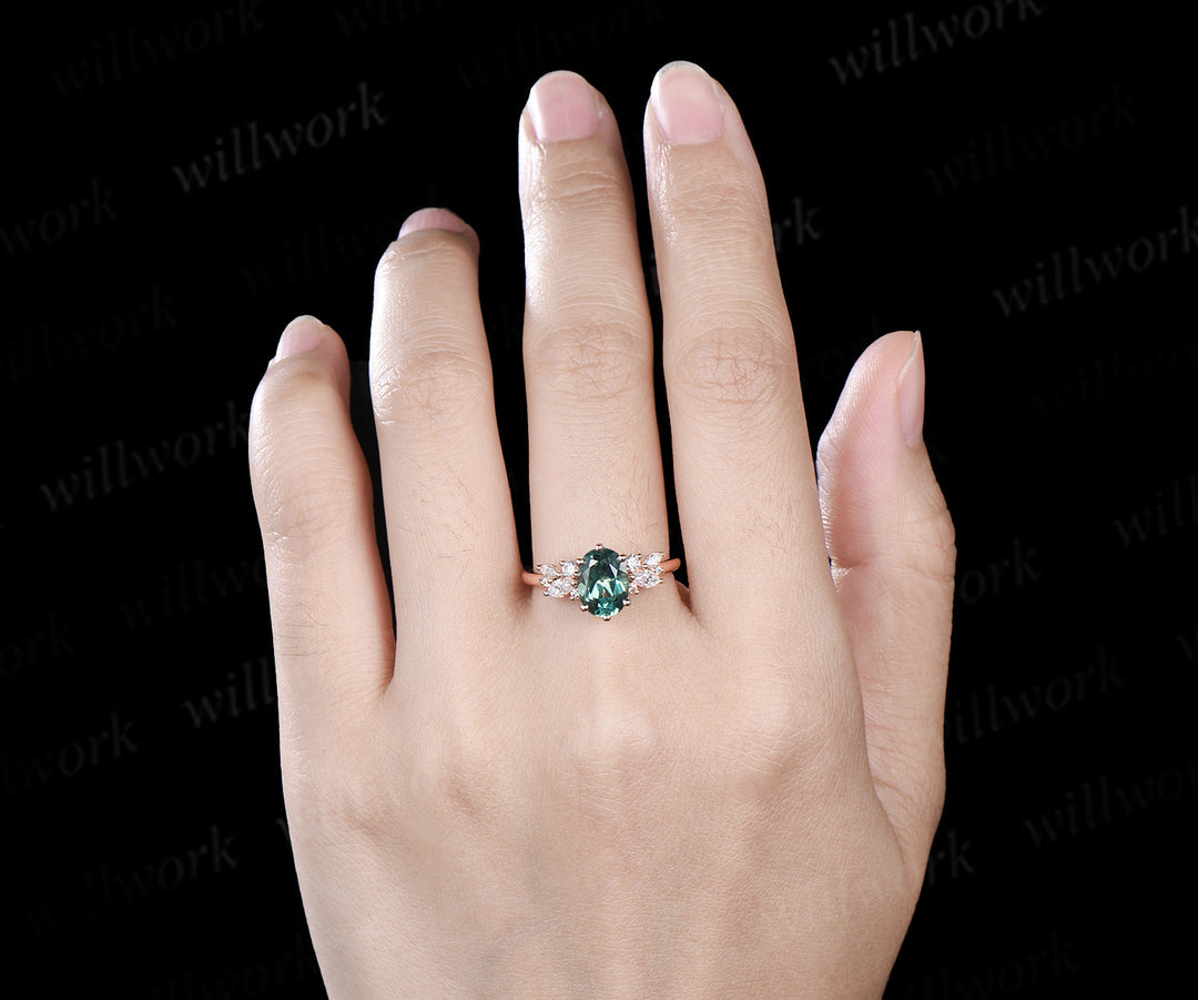 Oval cut green sapphire engagement ring moissanites diamonds cluster promise ring unique bridal ring