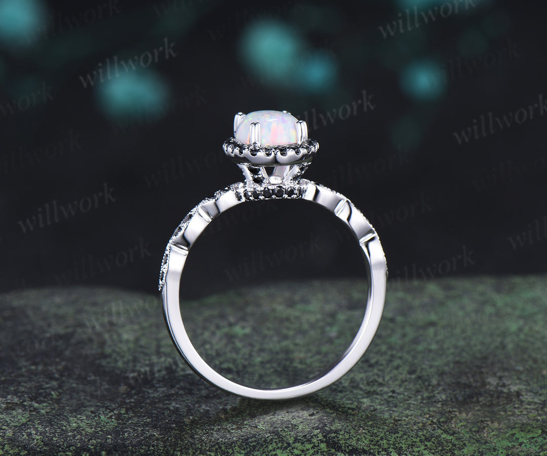 Oval white opal engagement ring vintage black diamond halo half eternity band promise ring