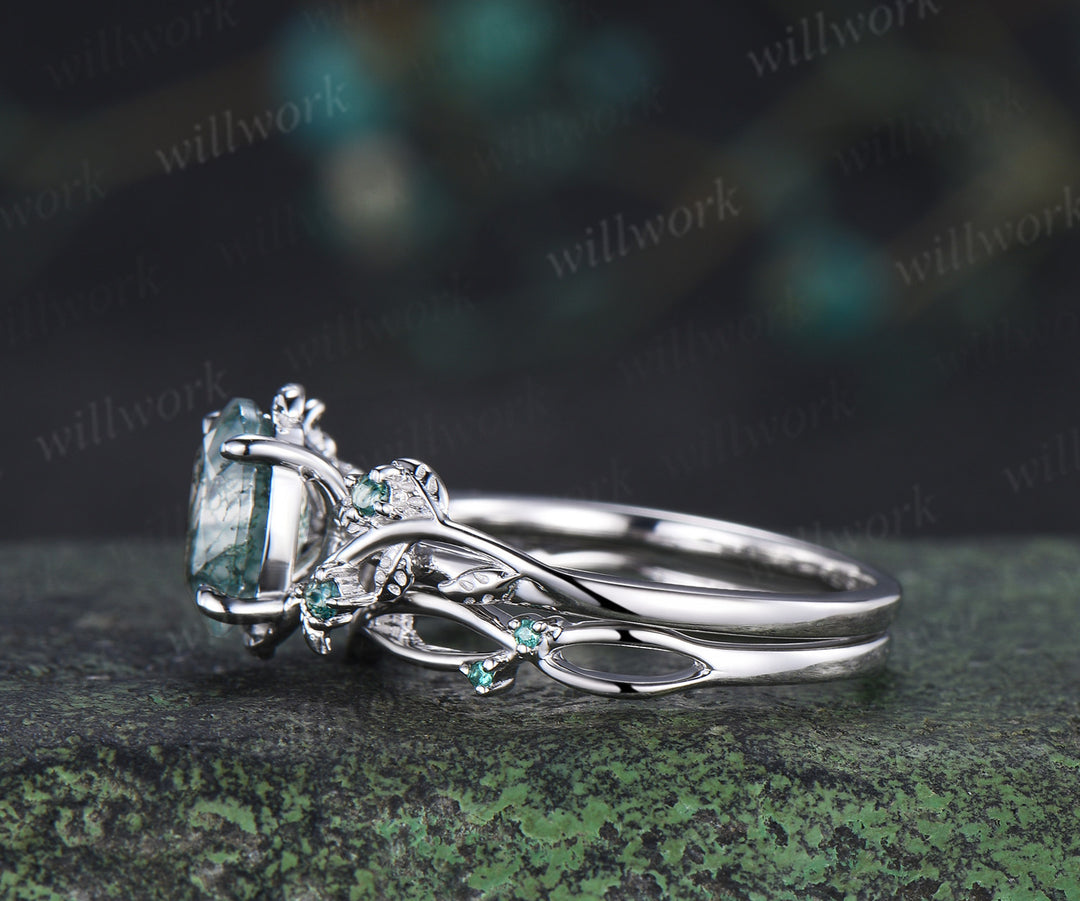 Nature inspired oval moss agate ring set leaf twig engagement ring dainty infinity emerald wedding band