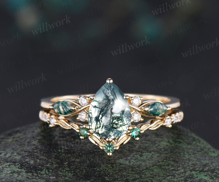 Nature inspired pear moss agate ring set marquise moss agate seven stone ring art deco emerald moissanites wedding band unique bridal set