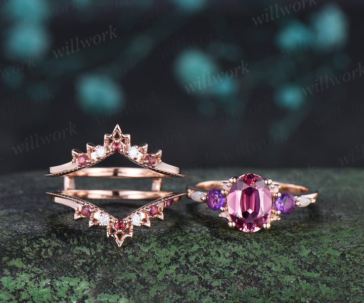 Oval Natural Pink Tourmaline Engagement Ring Set Five Stone Amethyst Opal Art Deco Moissanite Enhancer Band Bridal Set