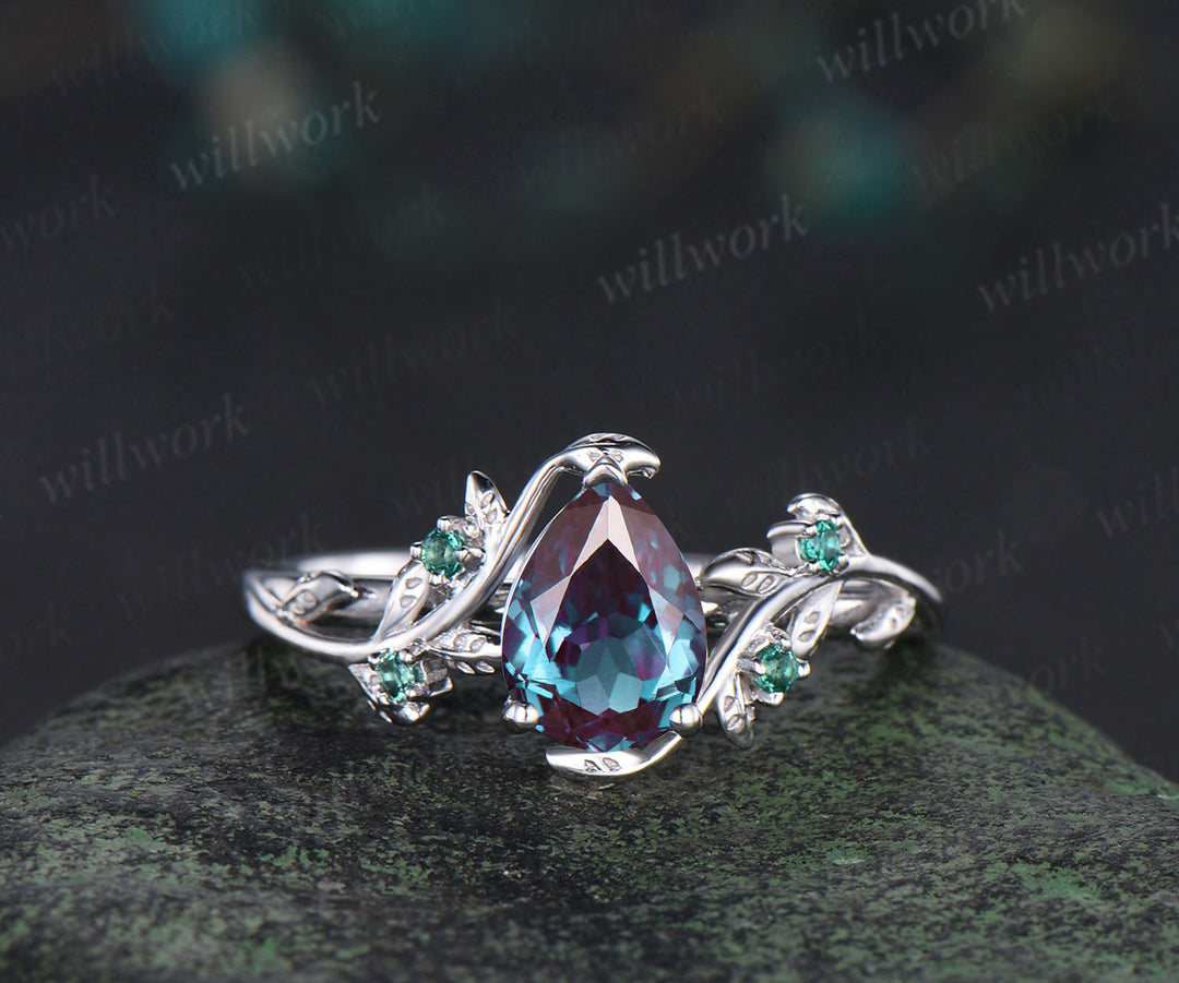 Vintage pear alexandrite engagement ring set leaf twig art deco emerald ring double layer emerald enhancer band unique brial set