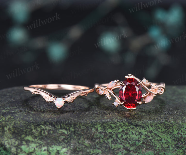 Oval Cut Ruby Split Shank Engagement Ring Set  Marquise Opal Leaf Vine Infinity Ring Matching Stacking Ring Bridal Set