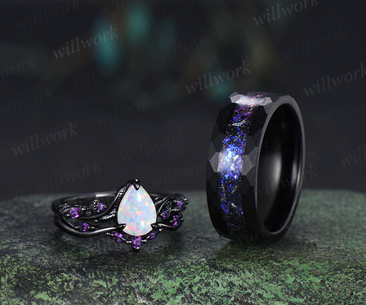 Leaf Pear Opal Amethyst Engagement Ring Set & Tungsten Galaxy Nebula Mens Band Unique Couple Ring Set
