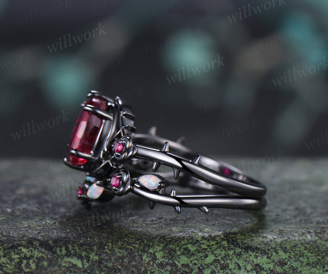 Gothic Oval Fantasy Cut Ruby Engagement Ring Set Black Gold Rose Thorn Ring Opal & Ruby Accent Matching Wedding Band Unique Bridal Set