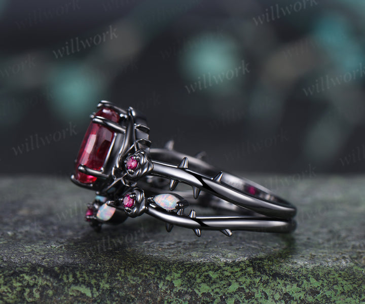 Gothic Oval Fantasy Cut Ruby Engagement Ring Set Black Gold Rose Thorn Ring Opal & Ruby Accent Matching Wedding Band Unique Bridal Set