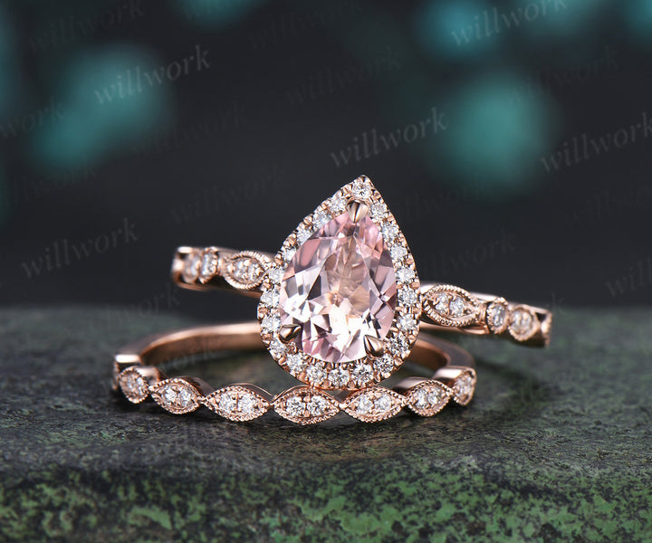 Vintage pear cut pink morganite engagement ring set diamond halo half eternity promise ring  milgrain wedding band bridal set