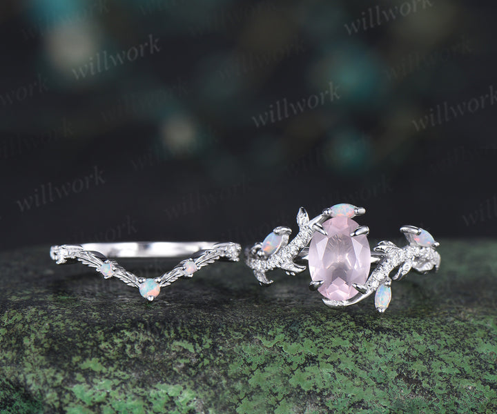 Vintage oval cut rose quartz engagement ring set leaf nature inspired opal moissanite bridal ring matching wedding band gifts for her