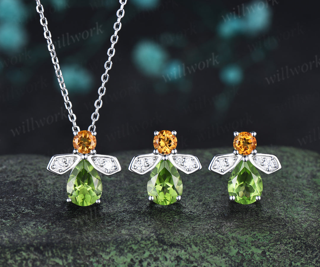 Pear cut peridot citrine earrings necklace firefly inspired peridot & citrine jewelry set