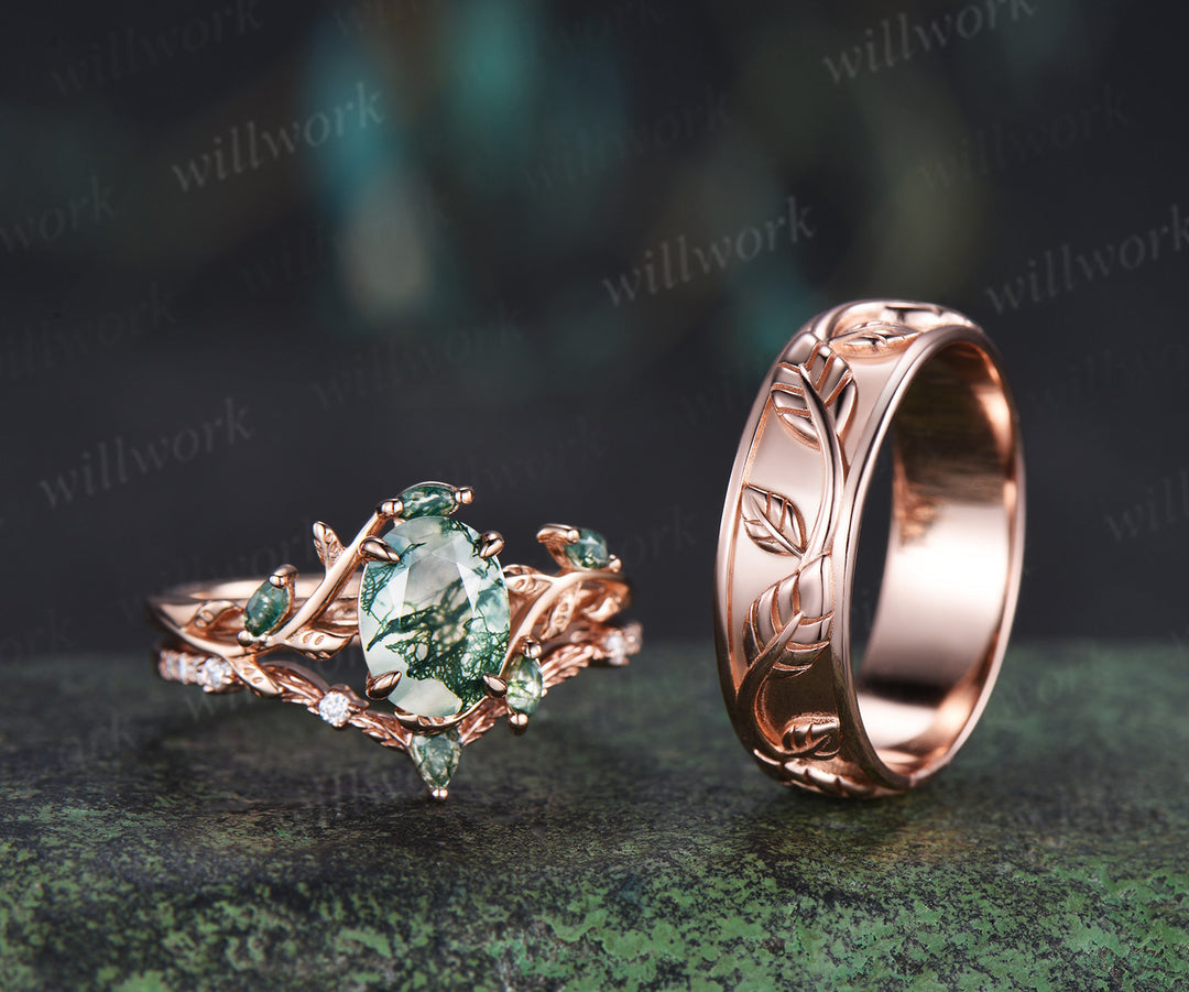 Oval Cut Moss Agate Engagement Ring Set & Leaf Twig Engraved Men Wedding Band Nature Inspired Couple Ring Set