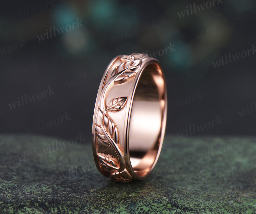 Oval Cut Moss Agate Engagement Ring Set & Leaf Twig Engraved Men Wedding Band Nature Inspired Couple Ring Set