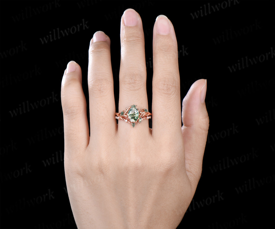 Oval Cut Moss Agate Engagement Ring Set & Leaf Twig Engraved Men Wedding Band Nature Inspired Couple Ring Set