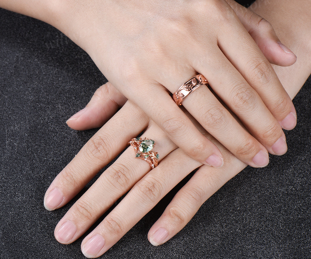 Oval Cut Moss Agate Engagement Ring Set & Leaf Twig Engraved Men Wedding Band Nature Inspired Couple Ring Set