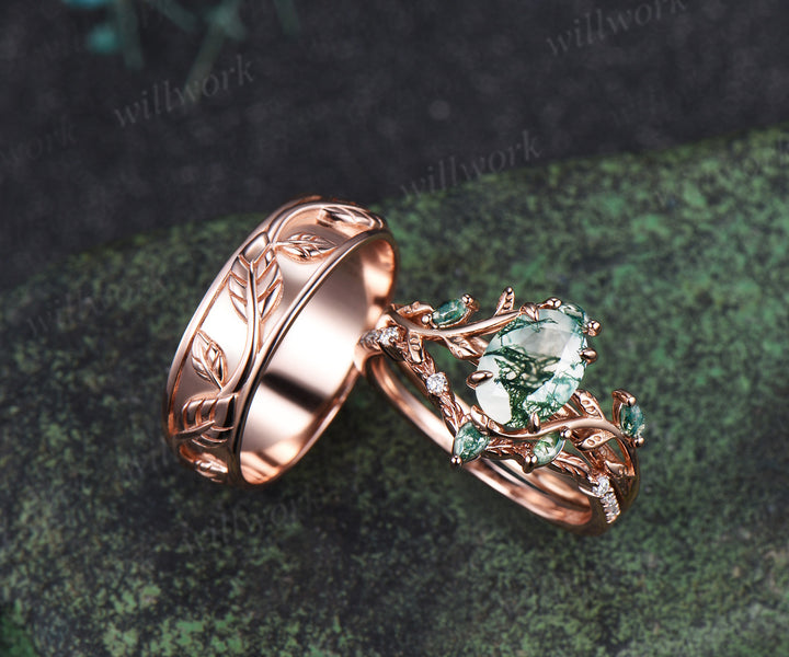 Oval Cut Moss Agate Engagement Ring Set & Leaf Twig Engraved Men Wedding Band Nature Inspired Couple Ring Set