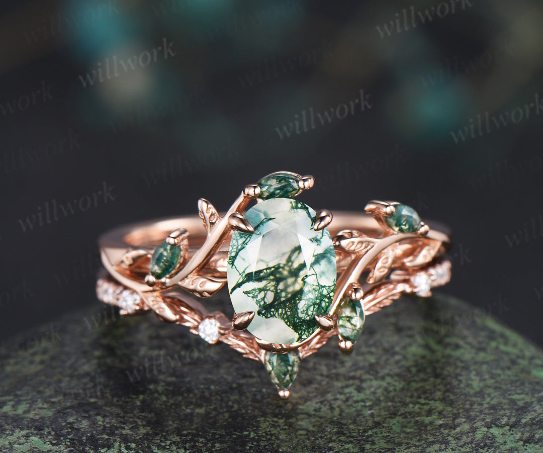 Oval Cut Moss Agate Engagement Ring Set & Leaf Twig Engraved Men Wedding Band Nature Inspired Couple Ring Set