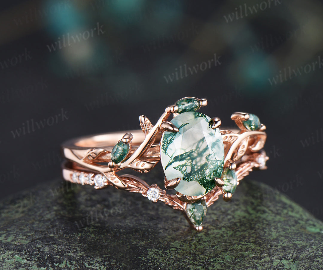 Oval Cut Moss Agate Engagement Ring Set & Leaf Twig Engraved Men Wedding Band Nature Inspired Couple Ring Set