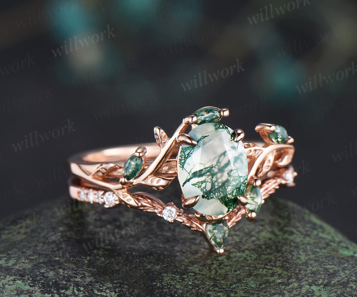 Oval Cut Moss Agate Engagement Ring Set & Leaf Twig Engraved Men Wedding Band Nature Inspired Couple Ring Set