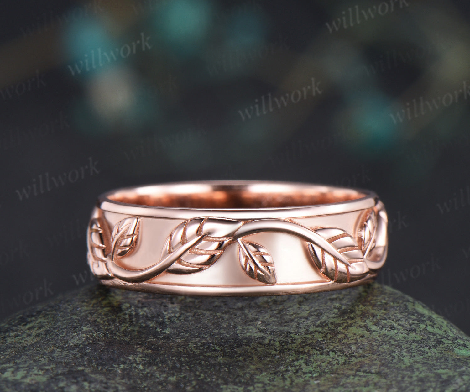 Oval Cut Moss Agate Engagement Ring Set & Leaf Twig Engraved Men