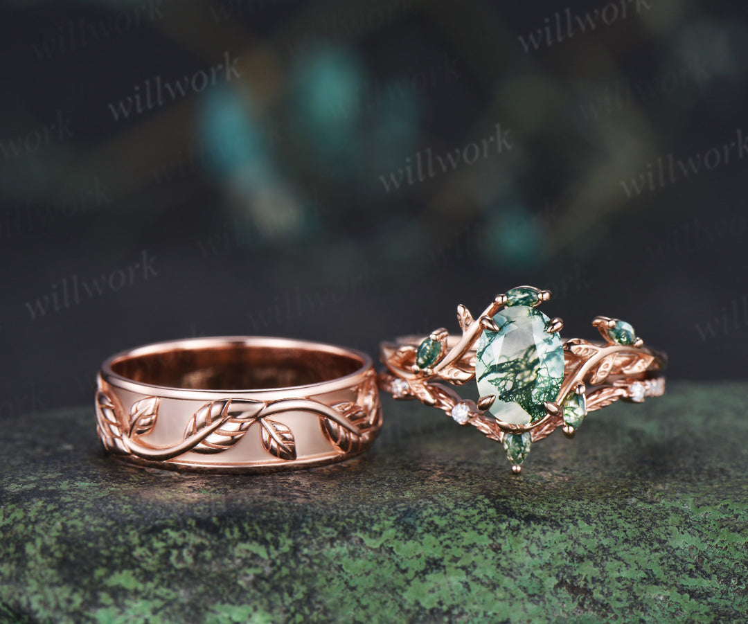 Oval Cut Moss Agate Engagement Ring Set & Leaf Twig Engraved Men Wedding Band Nature Inspired Couple Ring Set