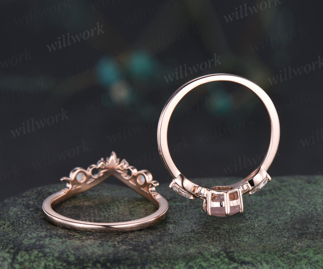 Vintage pear rose quartz engagement ring moissanite seven stone ring moon trinity opal matching band unique bridal set