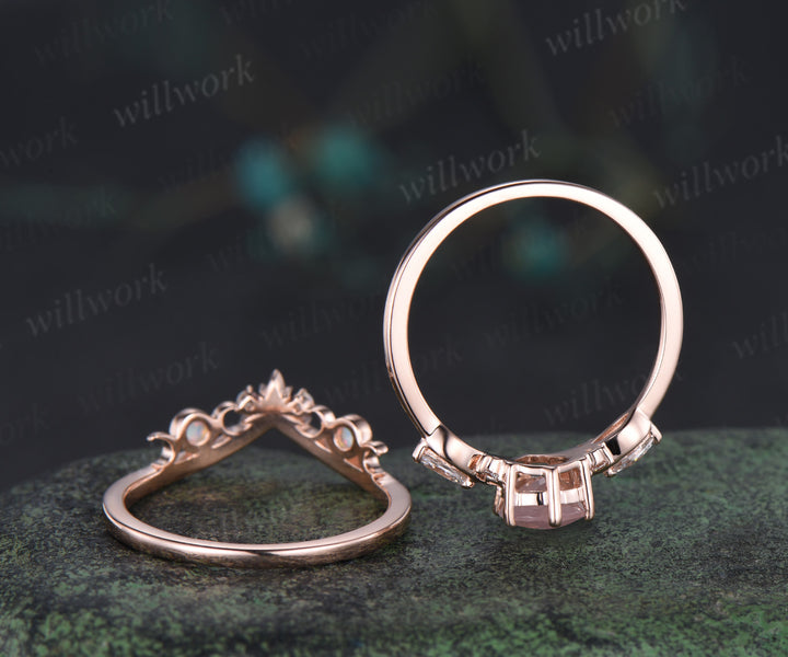Vintage pear rose quartz engagement ring moissanite seven stone ring moon trinity opal matching band unique bridal set