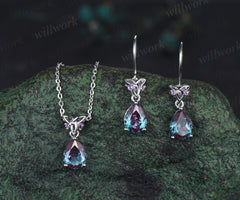 Pear alexandrite drop earrings & matching necklace set white gold celtic knot jewelry color-change gemstone anniversary gift for women