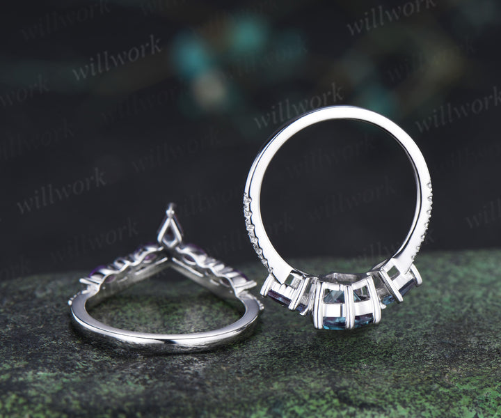 Pear cut alexandrite engagement ring set kite alexandrite half eternity diamond marquise amethyst stacking bridal set