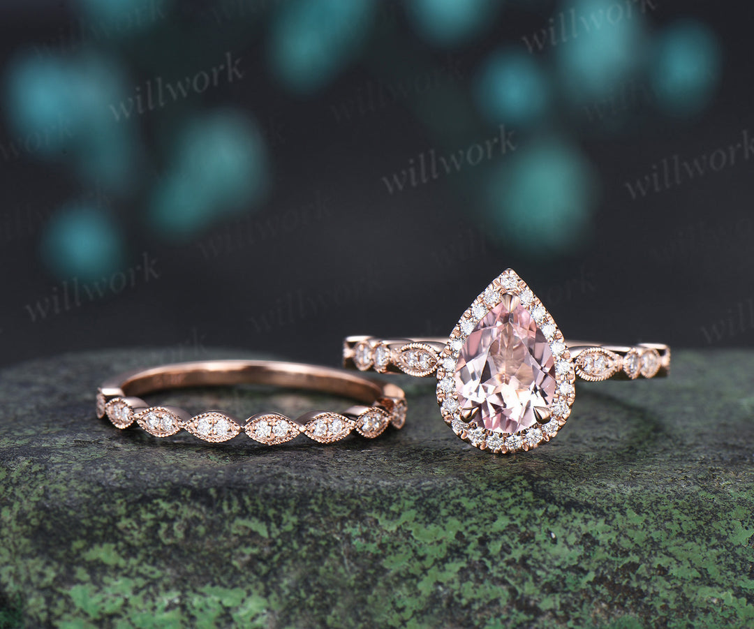 Vintage pear cut pink morganite engagement ring set diamond halo half eternity promise ring  milgrain wedding band bridal set
