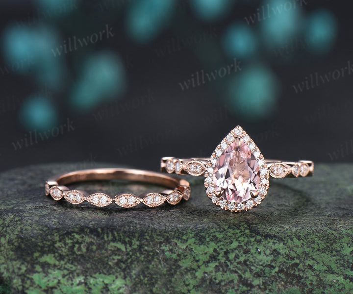 Vintage pear cut pink morganite engagement ring set diamond halo half eternity promise ring  milgrain wedding band bridal set