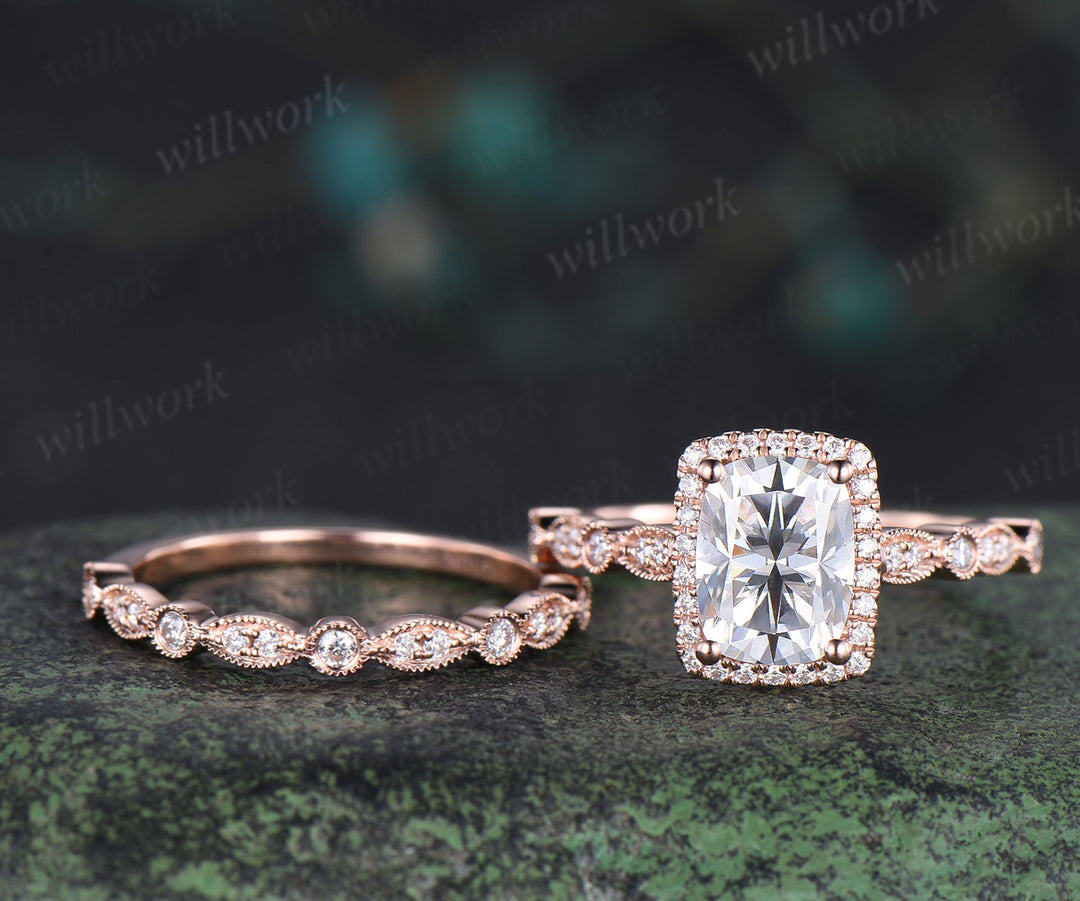 6x8mm cushion cut moissanite engagement ring set rose gold unique halo milgrain ring art deco diamonds half eternity wedding band antique bridal set
