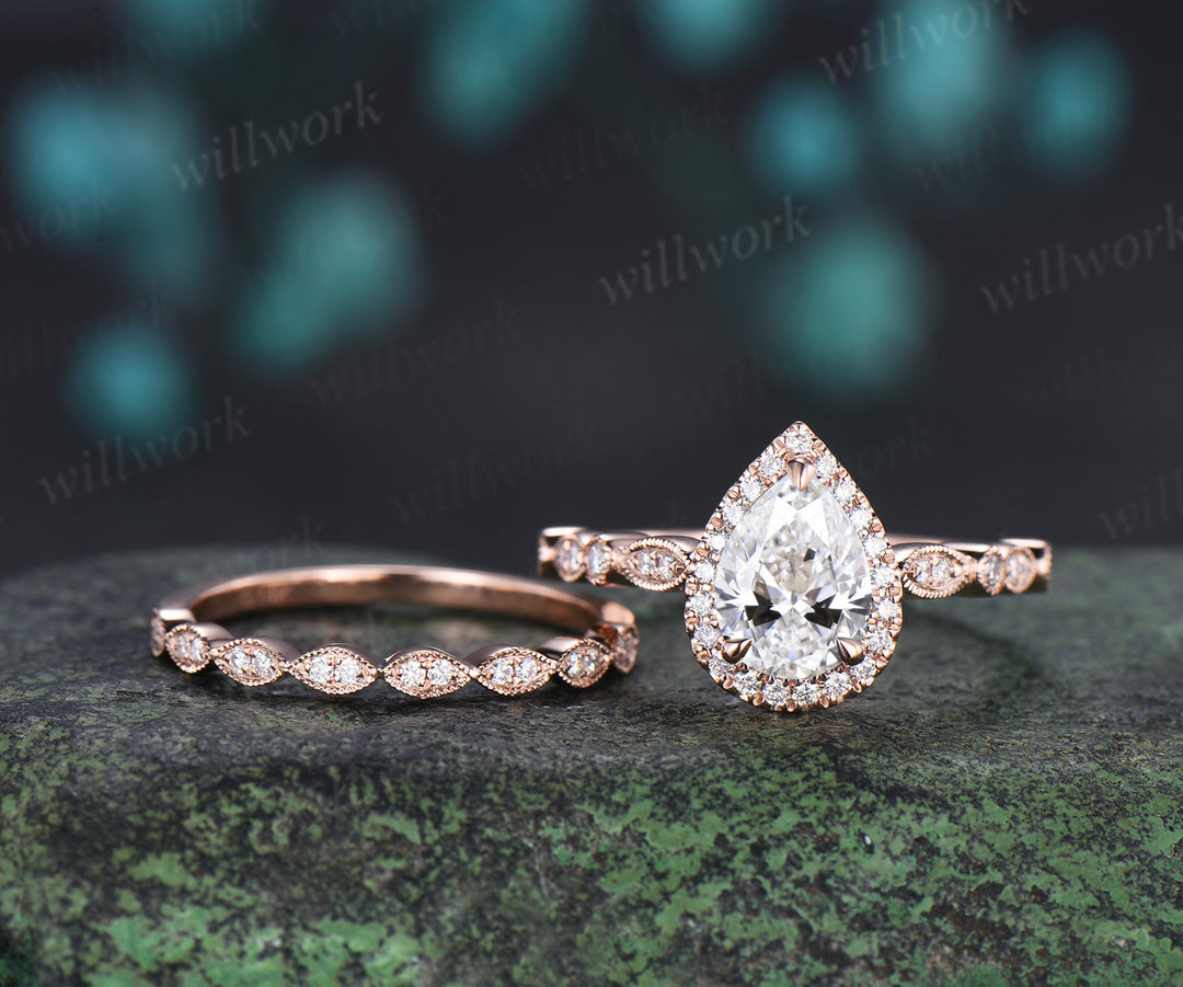 Vintage pear cut Lab grown diamond ring set halo half eternity diamond promise ring milgrain art deco band bridal set