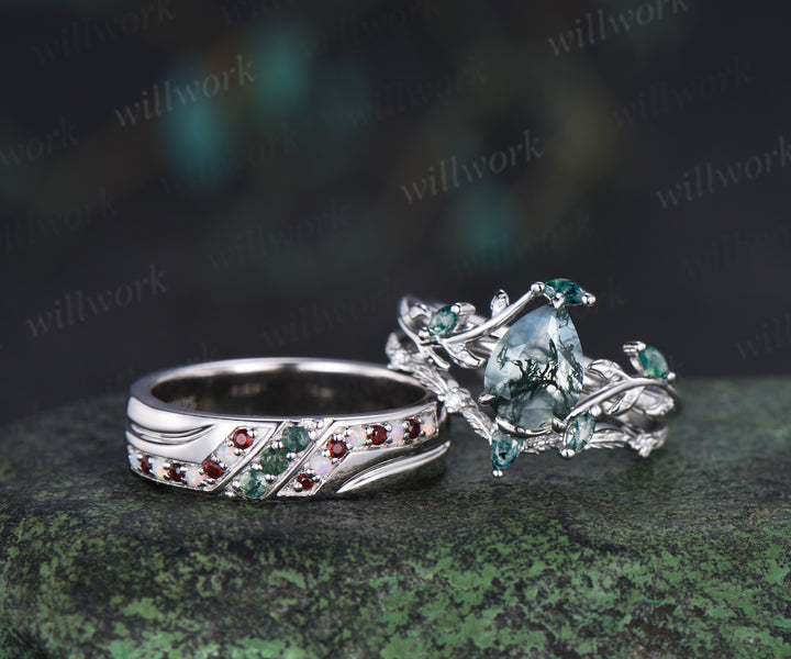 Pear Moss Agate Twig Leaf Ring Set & 5mm Moss Agate Opal Garnet Men Ring Unique Couple Ring Set