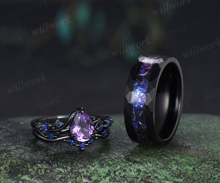 Leaf Pear Amethyst Accent Sapphires Bridal Ring Set & Tungsten Galaxy Nebula Mens Band Couple Ring Set