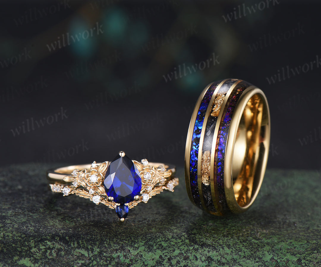 Nature Inspired Pear Sapphire Leaf Twig Ring Set & Tungsten Galaxy Nebula Men Blue Sandstone Band Couple Ring Set