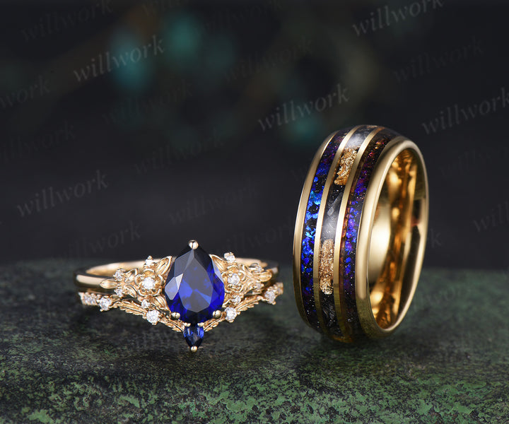 Nature Inspired Pear Sapphire Leaf Twig Ring Set & Tungsten Galaxy Nebula Men Blue Sandstone Band Couple Ring Set