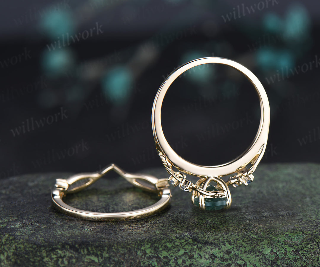 Oval cut Natural Moss Agate Engagement Ring Set Twig Leaf Promise Ring Aquamarine Wedding Band Nature Inspired Bridal Set