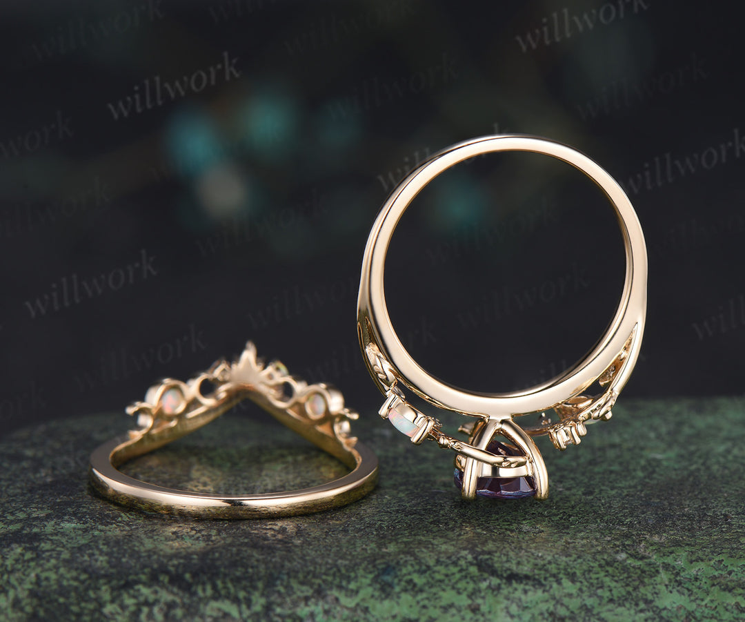 Pear cut alexandrite engagement ring set leaf twig moon opal moissanite ring celtic knot bezel opal wedding ring band enchanting bridal set