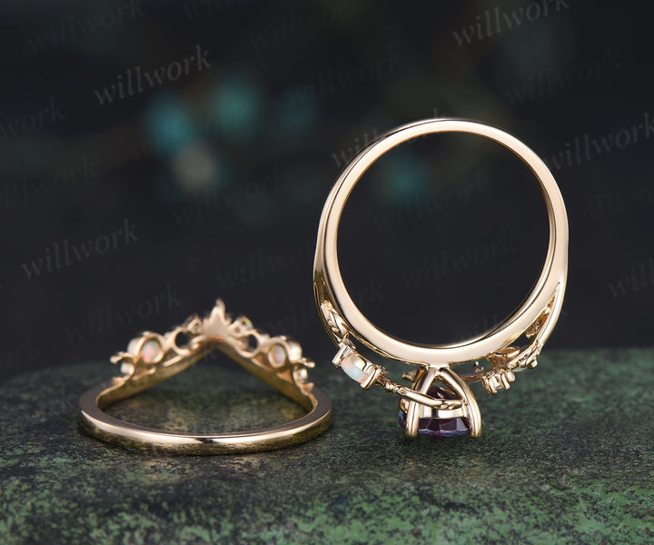 Pear cut alexandrite engagement ring set leaf twig moon opal moissanite ring celtic knot bezel opal wedding ring band enchanting bridal set