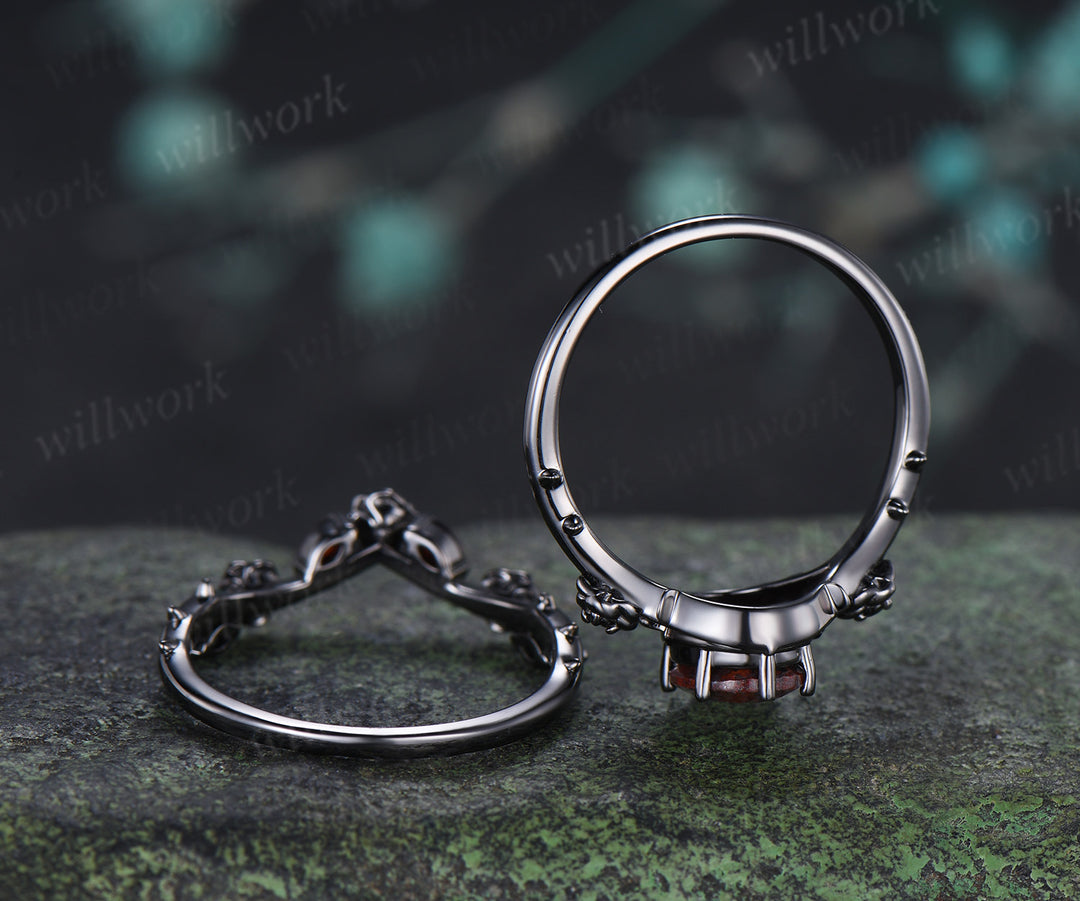 Gothic Oval Bloodstone Engagement Ring Set Black Gold Rose Thorn Ring Black Spinel & Garnet Accent Matching Wedding Band Unique Bridal Set