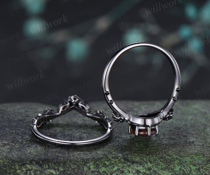 Gothic Oval Bloodstone Engagement Ring Set Black Gold Rose Thorn Ring Black Spinel & Garnet Accent Matching Wedding Band Unique Bridal Set